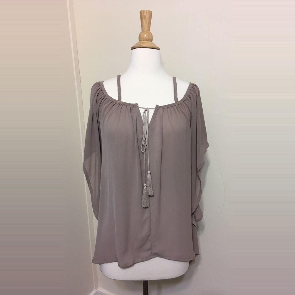 Tassel Tie Cold Shoulder Butterfly Blouse Mocha - Picture 7 of 8
